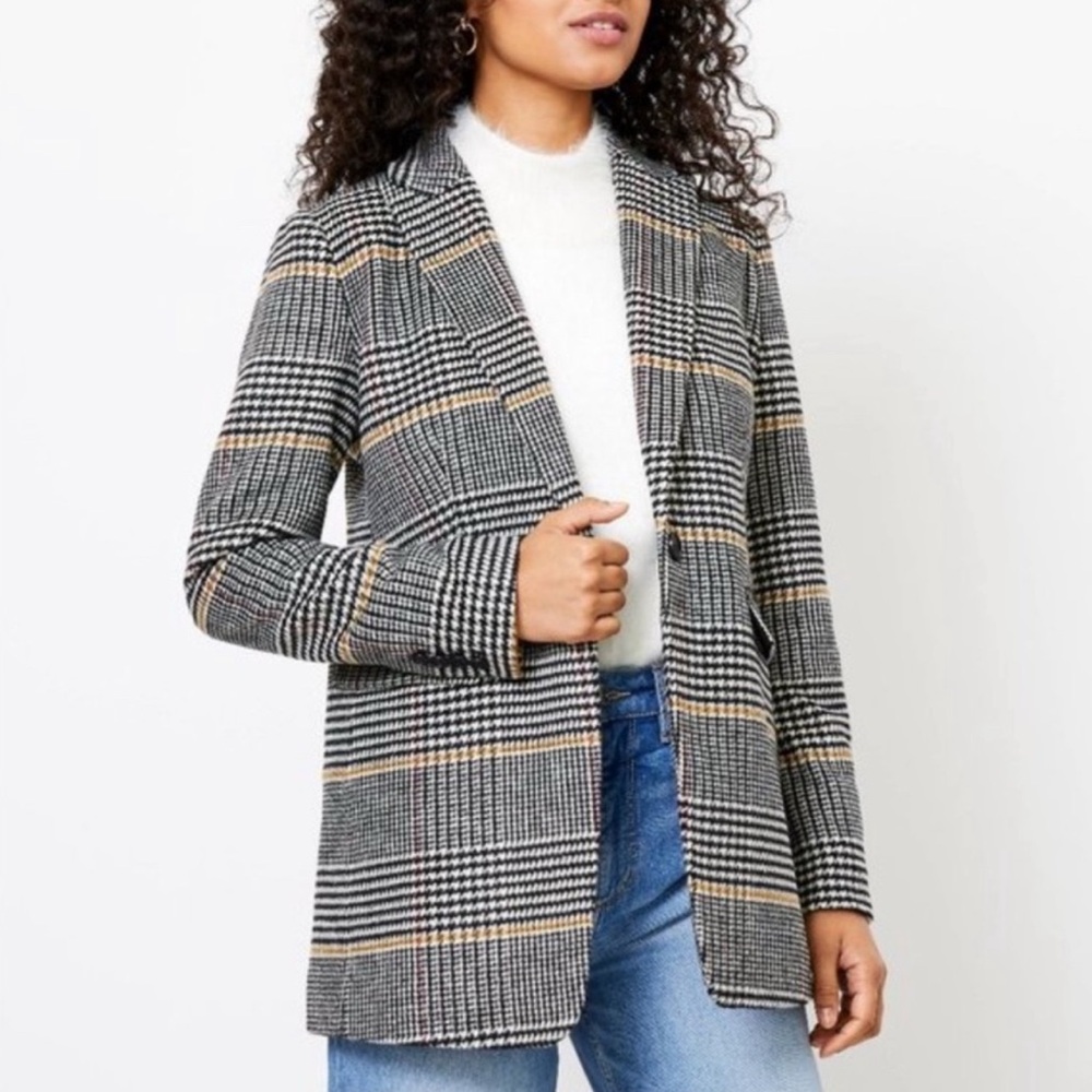 LOFT Plaid Open-Front Blazer in Gray and Tan